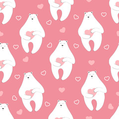 Funny polar bear with heart. Happy Valentines day background. Seamless pattern for wrapping. Vector illustration. 