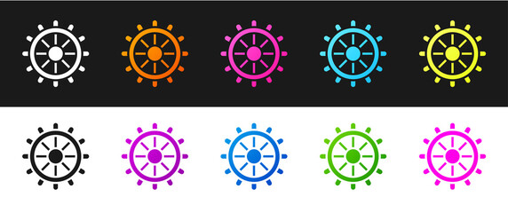 Set Ship steering wheel icon isolated on black and white background. Vector.
