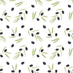 Seamless pattern with watercolor olive sprigs. For textiles, wallpaper, fabrics, covers, packaging.