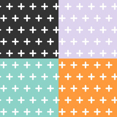 Seamless minimal pattern with white crosses. Different color backgrounds: black, violet, turquoise, orange. Halloween inspiration. Vector illustration, flat design