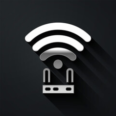 Silver Router and wi-fi signal icon isolated on black background. Wireless ethernet modem router. Computer technology internet. Long shadow style. Vector.