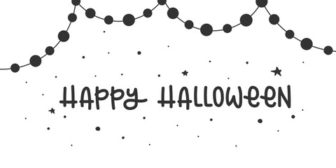 Happy Halloween lettering. Dotted garland. Black and white. Vector illustration, flat design