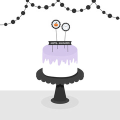 Halloween pie on cake holder with toppers and decoration. Dotted garland. Happy Halloween. Vector illustration, flat design