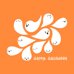 Little ghosts swarming drop-shaped. Cute characters. Happy Halloween lettering. Vector illustration, flat design