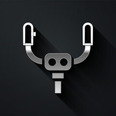 Silver Aircraft steering helm icon isolated on black background. Aircraft control wheel. Long shadow style. Vector.