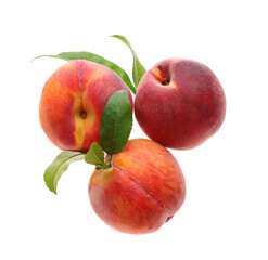 Delicious ripe juicy peaches with leaves isolated on white, top view