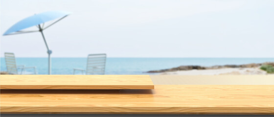 Obraz premium Wood table top and blur Holidays Sea - Sky background with beach.panoramic banner - can be used for display or montage your products.Summer and travel style - 3d rendering