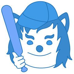 wolf player holding a baseball bat in his hand and wearing a cap, simplistic facial expression vector illustration, circle or ball shaped cartoon character