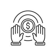 Protection money cartoon design. Hands over the money to protect. Vector black icon.