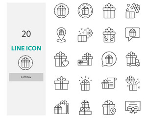 set of gift box thin line icons, present, birthday gift, christmas gift