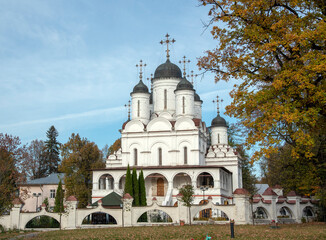 Elegant white Church with black domes against the blue sky .