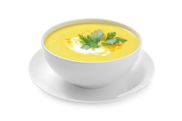 Delicious creamy corn soup isolated on white
