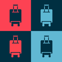 Pop art Suitcase for travel icon isolated on color background. Traveling baggage sign. Travel luggage icon. Vector.