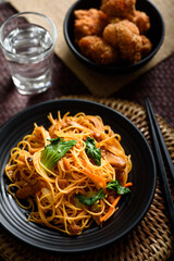 Asian food, stir fried spicy noodle vegetarian food concept