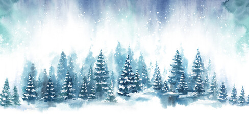 Watercolor Blue winter landscape of foggy forest hill. Wild nature, frozen, misty, taiga. Horizontal watercolor background. Evergreen coniferous trees in snowfall. © Leyasw