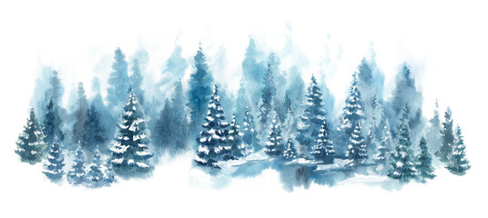 Watercolor Blue winter landscape of foggy forest hill. Wild nature, frozen, misty, taiga. Horizontal watercolor background. Evergreen coniferous trees.