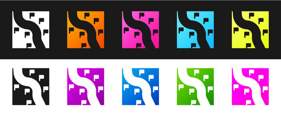 Set Route location icon isolated on black and white background. Train line path of train road route with start point GPS and dash line. Vector.