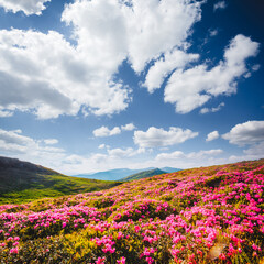 Fototapeta premium Breathtaking pink rhododendron flowers in summer alpine valley.