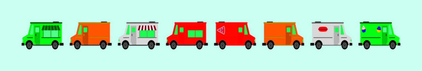 set of food truck cartoon icon design template with various models. vector illustration isolated on blue background