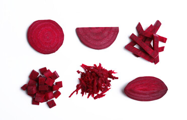 Composition with cut raw beets on white background, top view