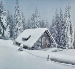 Lovely view of a snow-covered hut in fabulous forest. Santa's apartment.