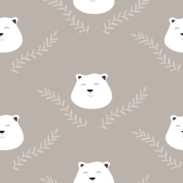 Seamless pattern with cute polar bears in simple cartoon style. bear teddy polar bear in leaf plant doodle vector drawing for children's clothing and other purposes 