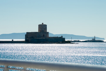 Port of Trapani Sicily, Italy seen from a ferry boat leaving the city for a sea trip
