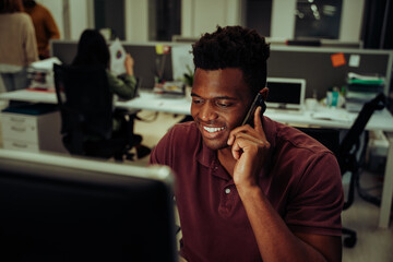 Mixed race business man on call with manager chatting about planning conference meeting with clients and colleagues 