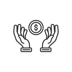 Hands with dollar coin. Concept of pocket money for kids or save commerce success. Vector black icon.