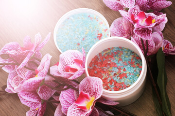 Color red sea salt and pink orchid, spa