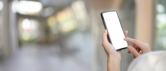 Female hands using smartphone in blurred background