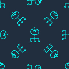 Green line Genetically modified food icon isolated seamless pattern on blue background. GMO fruit. Vector.