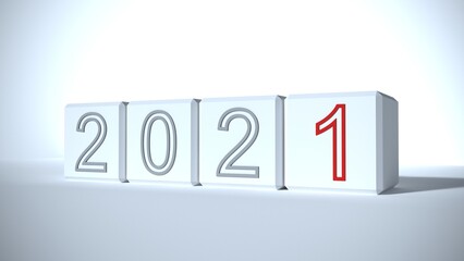 Blocks with sign 2021 on a white background. 3D rendering