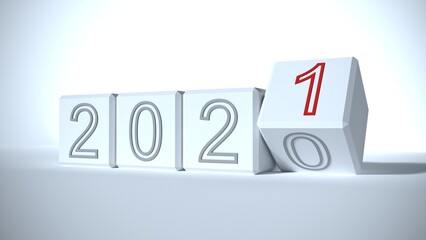2021 white blocks New year change, turn. 2021 start and 2020. 3D rendering