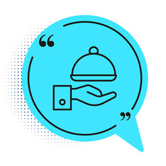 Black line Covered with a tray of food icon isolated on white background. Tray and lid sign. Restaurant cloche with lid. Blue speech bubble symbol. Vector.