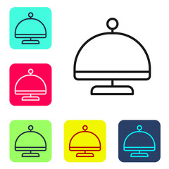 Black line Covered with a tray of food icon isolated on white background. Tray and lid sign. Restaurant cloche with lid. Set icons in color square buttons. Vector.