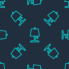 Green line Table lamp icon isolated seamless pattern on blue background. Vector.