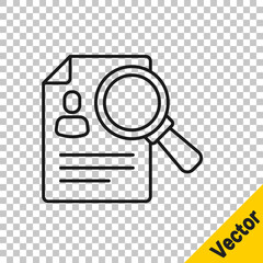 Black line Document, paper analysis magnifying glass icon isolated on transparent background. Evidence symbol. Vector.