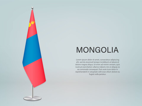 Mongolia hanging flag on stand. Template forconference banner