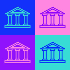 Pop art line Courthouse building icon isolated on color background. Building bank or museum. Vector.