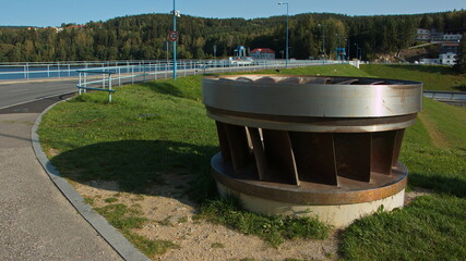 Water turbine at the dam of Lipno Reservoir in Bohemian Forest,Cesky Krumlov District,South Bohemian Region,Czech republic,Europe
