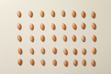 Flat lay with pills on gray background, top view