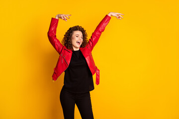 Portrait of her she nice attractive cheerful dreamy wavy-haired girl moving dancing having fun...