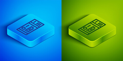 Isometric line Train ticket icon isolated on blue and green background. Travel by railway. Square button. Vector.