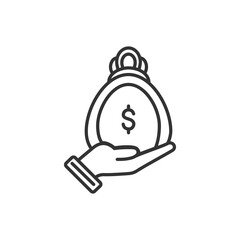 Hand holding a money sack. Vector black icon.