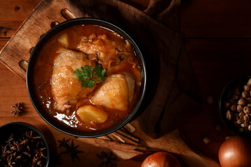 Chicken Massaman Curry soup with ingredients, Thai traditional food