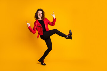 Fototapeta na wymiar Full length body size view of attractive crazy cheery wavy-haired girl fooling having fun showing horn isolated on bright yellow color background