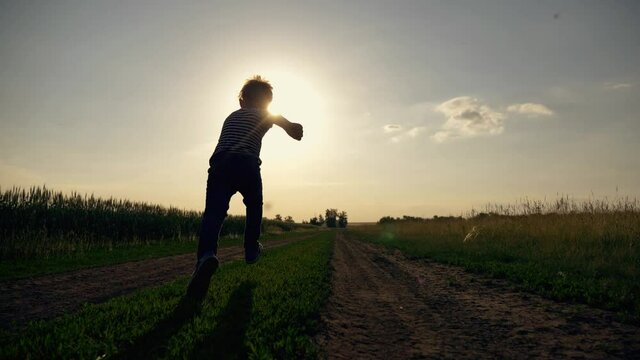 Silhouette, a group of happy children playing in the meadow, sunset, summer