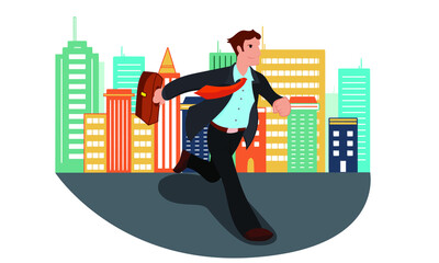 Businessman hurry running the city building. Vector flat illustration concept