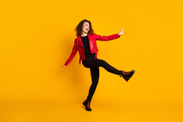 Full body photo of cheerful girl dance isolated on shine color background